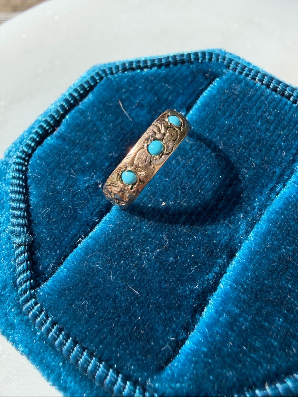 Antique Gold Filled Baby Ring/ Ring Charm with 3 Turquoise Stones & Floral Etch